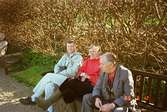 Tre män sitter på en parksoffa i Gunnebo slottspark, 12 maj 1988.