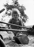 En flicka som leker i sandlådan. Holtermanska daghemmet juni 1974.
