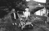 Tre vänner på promenad vid Torrekulla gård, midsommar 1948. Karin Pettersson (gift Hansson) sitter i kärran, storasyster Eva Pettersson (gift Kempe) står till höger och vännen Gerd, som är på besök, står till vänster.
I bakgrunden syns Brattåsberget vid Kållereds centrum.