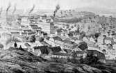 Avfotograferad litografi* över industrin i Mölndals Kvarnby år 1873. I mitten ses Stora Götafors. Avfotograferad ur 