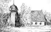 Fässbergs gamla kyrka och klockstapel, enligt dåtida teckning, okänt årtal. Avfotograferad ur Axel Möndells 