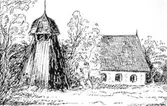 Fässbergs gamla kyrka och klockstapel, enligt dåtida teckning, okänt årtal. Avfotograferad ur Axel Möndells 