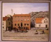 Häst och vagn på Gamla torget i Kvarnbyn, Mölndal.
En tavla målad av den naivistiske mölndalskonstnären Knut Berg.