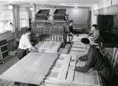 Fyra män i arbete vid ramverkstaden på Papyrus. Arbetet sker med hjälp av spikmaskin.

Birger Andersson (1909-2004) arbetade på Papyrus mellan 1924-1976. Hans arbetsplats var ramverkstaden där de spikade lastpallar och 