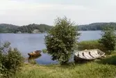 Vy över Stensjön från Strandpromenaden i Mölndal på 1970-talet. På andra sidan sjön ses Hökkullen.