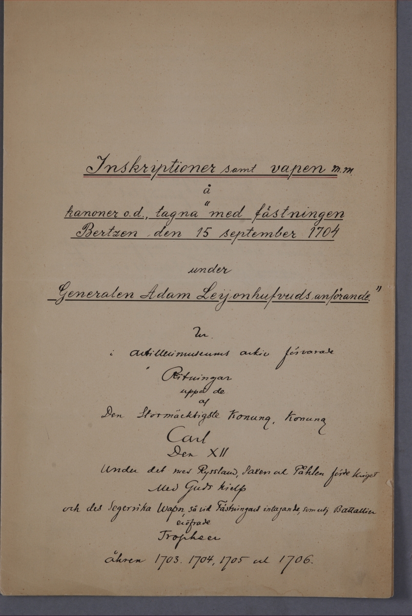 Kjell Hedberg, Register, med inskriptioner och vapen till kanoner tagna med fästningen Bertzen den 15 september 1704, till bokverk med avbildningar föreställande eldrör tagna som troféer av den svenska armén åren 1703-1706, utförda av syskonen Anna Maria och Philip Jakob Thelott.