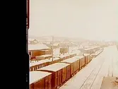 Järnvägsstation i Jämtland (?) eller Ånge (?). Rangerbangård, godsvagnar och öppna vagnar.
Stereofotografi.