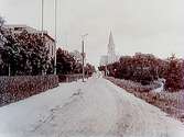 Olaus Petrikyrkan.
Bilden tagen från Norra Sofiagatan (nuvarande Ribbingsgatan) där Kexfabriken låg.