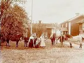 Envånings enkelstuga. Tvåvånings bostadshus. Knuttimrad uthus.
7 personer och tre hästar framför byggnaderna.
Oskar Nilsson.