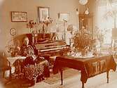 Rumsinteriör, en kvinna vid pianot.
Fru Ida Vallins 50 årsdag.