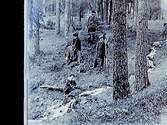 Fyra personer i skogen.Sam Lindskogs familjebild.Två bilder på samma glasplåt.