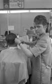 Damfrisörskor 8 juli 1965.

Damfrisörska klipper håret på herre.