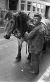 Hästar i stan, 8 juli 1965.

Man poserar med arbetshäst. På mannens uniformsmössa samt uniformsjacka står 