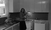 Hemma hos Karasko, 24 december 1965

En kvinna iklädd blus och kjol är i full färd med att koka kaffe på spisen inne i ett kök. En kaffekanna står på spisen. Flera stora skåp med luckor finns ovanpå spisen. Kvinnan håller en skopa i sin högra hand. En prickig gardin hänger i fönstret. Genom fönstret syns ett intilligande hus med en trappa framför en entrédörr. Trappan har två ledstänger på ömse sidor.