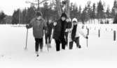 Hästnäs, 20 januari 1966

I mitten av bildens förgrund syns det fyra flickor och en pojke som går på skidor i djupare snö.
