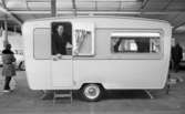 Husvagnar, 26 januari 1966

I bildens förgrund syns en husvagn i en utställningshall. En herre står i husvagnen och ser ut genom dörröppningen. Han blickar in i kameran. Kvinna skymtar till vänster i bild. Till höger i bild skymtar en herre.