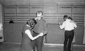 Dansskola, 15 februari 1966

På bilden dansar elva personer på ett schackrutigt golv. En herre i bakgrunden spelar dragspel. En rislampa hänger i taket. Till höger på bilden finns en mönstrad tapet på väggen. Till vänster hänger ett tjockt draperi. En bänk står på golvet nedanför draperiet. En till bänk står till höger. På och vid denne finns det handväskor och kläder. Två dörrar finns på bilden. På golvet syns det ett mönster av kontrasterande ljusare och mörkare kvadratiska rutor.