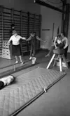 Särskolan 9 april 1966

Ett antal barn, pojkar och flickor, gör gymnastikövningar som kullerbyttor på en lång madrass i en gymnastiksal tillsammans med en lärarinna. I salen finns redskap som plint, bänk och häst