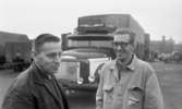 Lastbilschaffisar, 13 maj 1966

Två män i arbetskläder poserar vid lastbil, på lastbilen en skylt med texten Bilspedition
