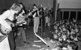 Popgala i Kumla, Farlig skolväg 24 augusti 1965

Ett rockband spelar på en scen i Kumla. Två av medlemmarna har gitarrer i händerna och en tredje har en tamburin i händerna. I bakgrunden står ett piano. Nedanför scenen står publiken.