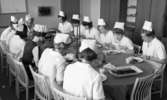 Yrkesskolan 25 april 1966

Kvinnor som går en yrkesutbildning som berör ämnesområdet hushållskunskap sitter vid ett matbord i en matsal och äter. Nästa alla är klädda i vita uniformer utom en av dem som bär en mörkare klänning med en annorlunda hatt på huvudet.