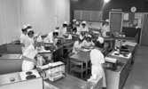 Yrkesskolan 25 april 1966

Kvinnor som går en yrkesutbildning som berör ämnesområdet hushållskunskap står vid undervisningsbord med köksutrustning och spisar i en undervisningssal. Nästa alla är klädda i vita uniformer och hattar utom en av dem som bär en mörkare klänning med en annorlunda hatt på huvudet.
