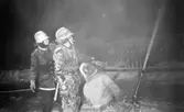 Branden under natten 9 februari 1966

En brandbil står parkerad utanför en byggnad som brinner. Rök väller ut ur byggnaden och mot husfasaden står fem stycken stegar resta. På tre av dem står brandmän och sprutar vatten in i huset med hjälp av brandslangar. Uppe på en brandstege som rests från en brandbil står ytterligare en brandman och sprutar in vatten i den brinnande byggnaden. Det ligger fullt med snö på marken.