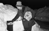 Tidningsbud 12 februari 1966

Ett tidningsbud, en kvinna, klädd i kappa och mössa är i färd med att lägga en tidning i en brevlåda. I sin vänstra hand håller hon ett stort antal tidningar. Det ligger snö på marken.