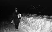 Tidningsbud 12 februari 1966

Ett tidningsbud, en kvina, klädd i kappa och mössa kommer gående på vägen. I sin vänstra hand håller hon ett stort antal tidningar och i den högra håller hon en tidning. Det ligger fullt av snö på marken.