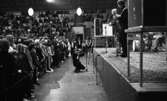Popgala 6 juni 1966

En popgrupp uppträder på en scen i en stor hall. Nere på golvet knäböjer en fotograf med en kamera i handen. Bakom honom står publik. Uppe på läktarna runtomkring sitter mer publik.