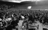 Blåsarträffen 28 maj 1966

En stor skara blåsinstrumentsmusiker sitter samlade i ett rum. I förgrunden syns en ung man som spelar bastuba. Publik sitter på läktare i bakgrunden.