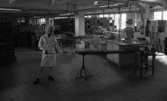 Jordgubbar 12 juli 1966

En kvinna i arbetsklädsel står inne i Örebro kexfabrik. I bakgrunden syns en våg, kartonger, lådor, löpande band etc. Framför henne löper ett rep med en lapp på. På lappen står: 