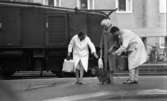 På stationen 1 16 augusti 1966

En herre i ljus rock och ljusa byxor håller en Cocker spaniel i ett koppel på Örebro järnvägsstation. Intill honom står en äldre dam med genomskinlig sjalett över håret samt klädd i rutig kappa. Bredvid henne står ytterligare en dam i vit kappa och klänning och böjer sig fram och sträcker ut sin vänstra hand för att klappa hunden. Mannen håller i en brun resväska, damen bredvid honom håller i en vit handväska och damen som är på väg att klappa hunden håller i en randig bag. I bakgrunden syns ett lok.