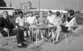 Orubricerad 5 augusti 1967 Travkusk Bengt Nilsson

Sju personer- fyra män och tre kvinnor- sitter vid ett runt bord inne på Gustavsviks utomhusbad. De sitter i stolar. Kvinnorna bär korta klänningar och har sandaletter på fötterna. Två av männen har vita skjortor på sig , en har en vit T-tröja på sig och en har mörk kostym. Andra personer syns i bakgrunden.