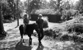 Kembels slutar, Blå stjärnan, 8 juli 1967

En liten pojke i åttaårsåldern klädd i randig T-tröja, ljusa byxor och mörka skor rider på en häst. Den leds av en tonårspojke klädd i mörk skjorta, mörka byxor och ljusa skor. I bakgrunden syns gamla hus med grästak bl.a.