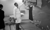 Lasarettet 14 juni 1967

En läkare klädd i vit läkarrock, vit skjorta, mörk slips och svarta byxor står invid en stor medicinsk undersökningsapparat som liknar en kamera och håller sin vänstra hand på denna. Ett stort mätningshjul som täcker en stor del av väggen hör till undersökningsapparaten. Längre bort till vänster i bakgrunden finns en undersökningssäng med en kudde på. En kvinna klädd i svarta kläder och glasögon betraktar läkaren.