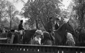 Wadköping 2 TV-inspelning, 31 maj 1968

Under TV-inspelningen av Markurells i Wadköping rider en grupp skådespelare genom Wadköping på hästar. Två män som är skådespelare i 1800-talskläder rider efter varandra. En kvinna i svart 1800-talsriddräkt med vit slöja kring den svarta hatten rider med männen. I förgrunden släpar en man klädd i 1800-talsarbetskläder en tung reskista. En skådespelargrupp bestående av kvinnor klädda i klänningar i hucklen samt en med hatt och klänning står även i förgrunden. En man skymtar delvis fram bland dem. Åskådare syns i bakgrunden.