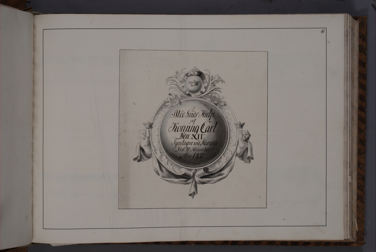 Kjell Hedberg, Kartusch till bokverk med avbildningar föreställande eldrör tagna som troféer av den svenska armén åren 1700-1702, utförda av syskonen Anna Maria och Philip Jakob Thelott. Avser troféer återerövrade vid slaget vid Narva den 20 november 1700. Kartuschen troligen utförd av Thomas Cunninghame 1746.