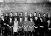 Klassrumsinteriör, elever med lärare.
Fortsättningsskolan vid kyrkskolan i Svennevad. År 1924.
