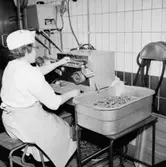 Konsum, charkuteriavdelningen, interiör, korvtillverkning, en kvinna.