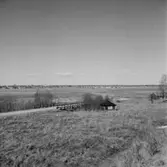 Vy. Åkermark i förgrunden, byggnader i bakgrunden.