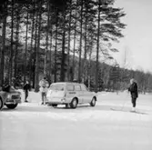 Skidåkning, tre män vid bilen.