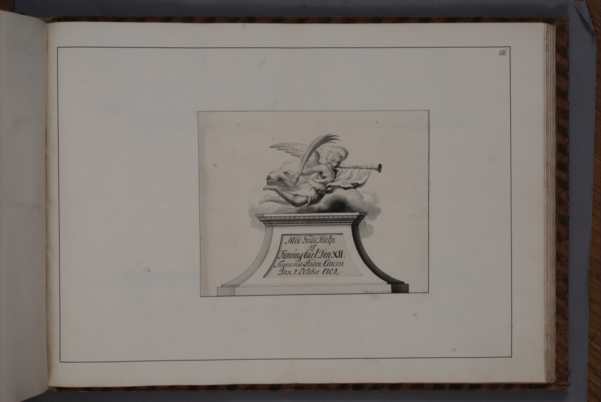 Kjell Hedberg, Kartusch for bookworks with depictions depicting fire pipes taken as trophies by the Swedish army in 1700-1702, performed by the siblings Anna Maria and Philip Jakob Thelott. Refers to trophies taken in Kraków on 2 October 1702. Kartuschen probably executed by Thomas Cunninghame in 1746.