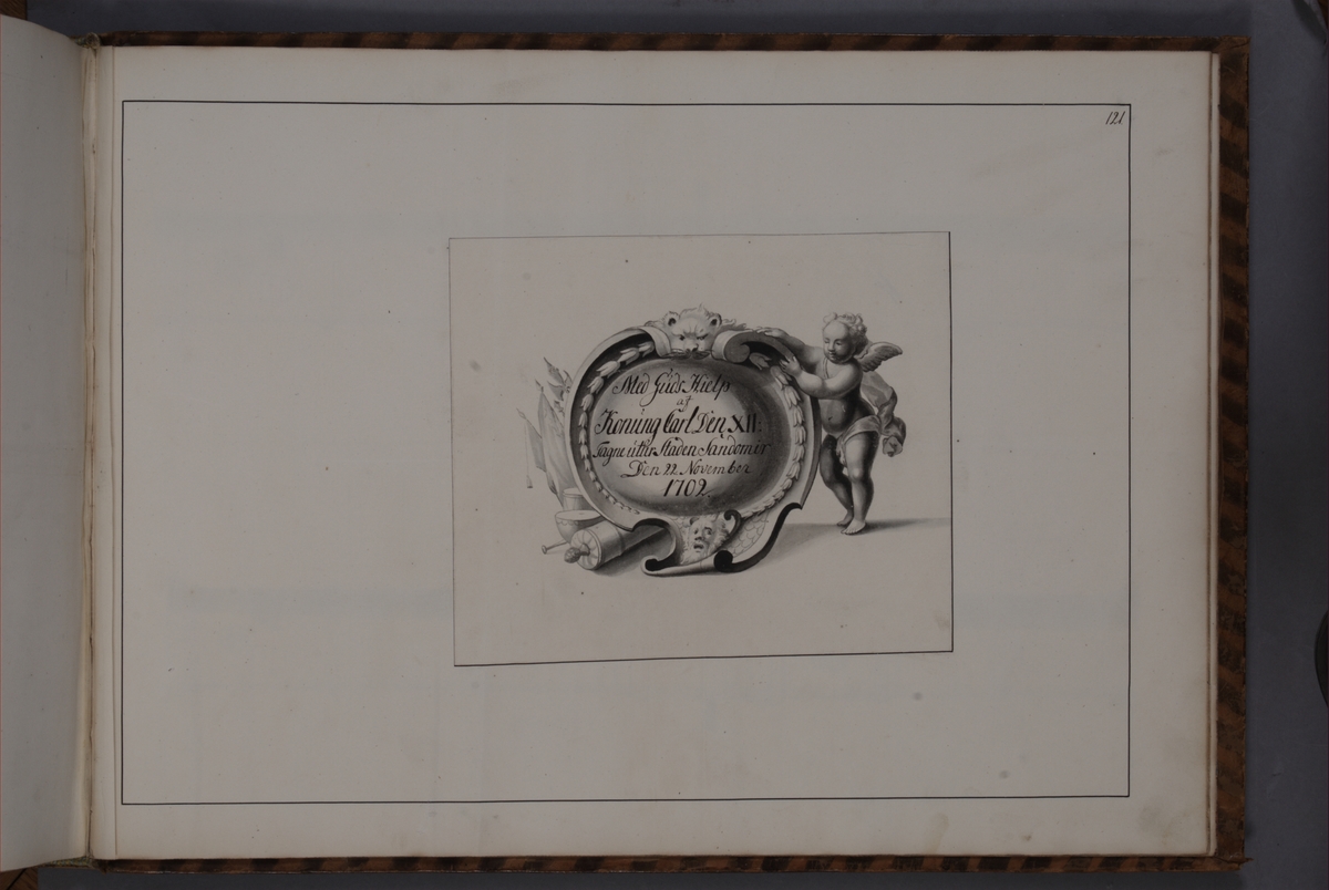 Kjell Hedberg, Kartusch for bookworks with depictions depicting fire pipes taken as trophies by the Swedish army in 1700-1702, performed by the siblings Anna Maria and Philip Jakob Thelott. Refers to trophies taken out of the town of Sandomir on 22 November 1702. Kartuschen probably executed by Thomas Cunninghame…