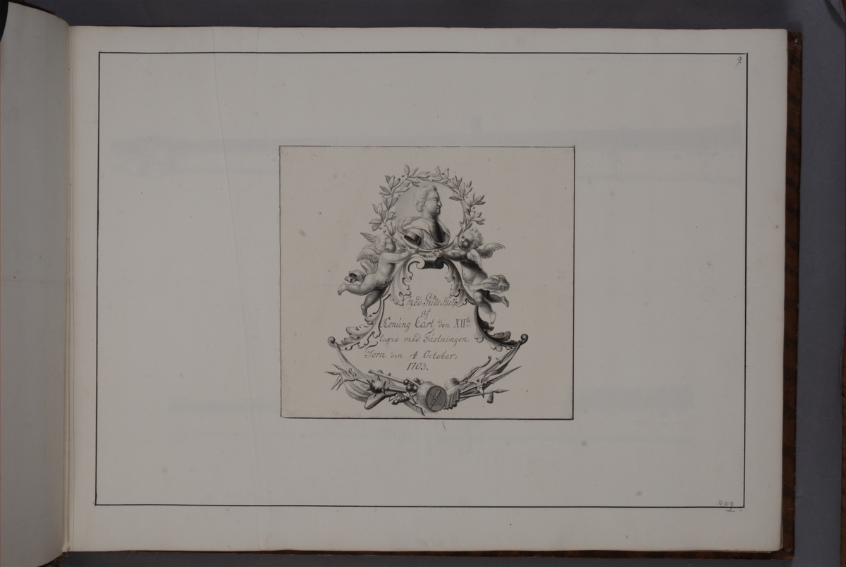 Kjell Hedberg, Kartusch for bookworks with depictions depicting fire pipes taken as trophies by the Swedish army in the years 1703-1706, performed by the siblings Anna Maria and Philip Jakob Thelott. Refers to trophies taken with the Torn fortress on 4 October 1703. Kartuschen probably executed by Thomas Cunningh…