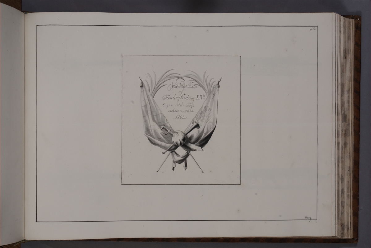 Kjell Hedberg, Kartusch till bokverk med avbildningar föreställande eldrör tagna som troféer av den svenska armén åren 1703-1706, utförda av syskonen Anna Maria och Philip Jakob Thelott. Avser troféer tagna utur Högpolen den 31 oktober 1703. Kartuschen troligen utförd av Thomas Cunninghame 1746.