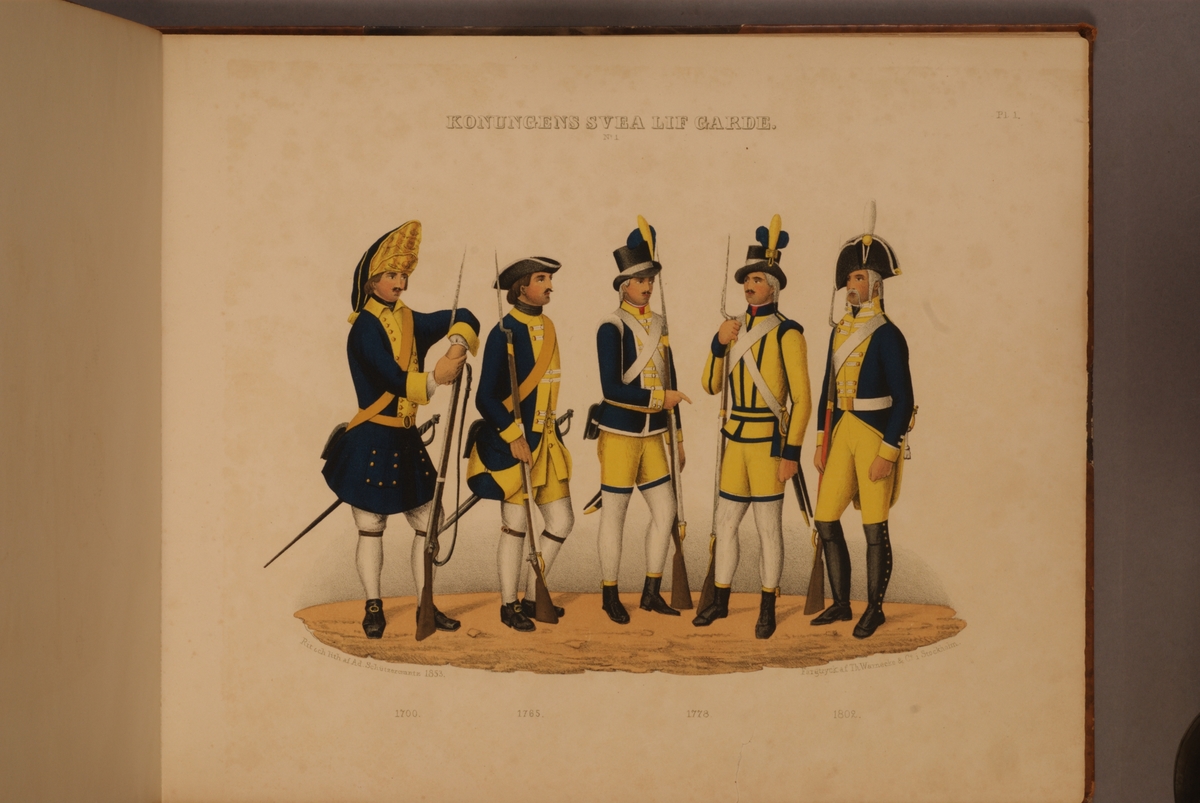 Kjell Hedberg, Plansch med uniform för Svea livgarde för åren 1700-1802. Plansch i färgtryck efter original av Adolf Ulrik Schützercrantz. Ingår i planschsamlingen Svenska krigsmaktens fordna och närvarande munderingar.