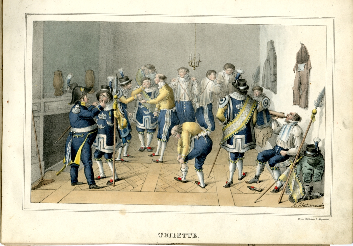 Kjell Hedberg, Soldiers make experiences. Lithography in colour printing after original by Adolf Ulrik Schützercrantz. Included in the collection Scenes from Soldier Life.