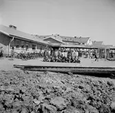 Hagaskolan, skolbarn med lärare på skolgården.
Skolbyggnad i bakgrunden.
Fröken Olsson