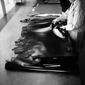 Bohlin Skinn, interiör, skinnberedning, en man.
Bilden tagen för annons.